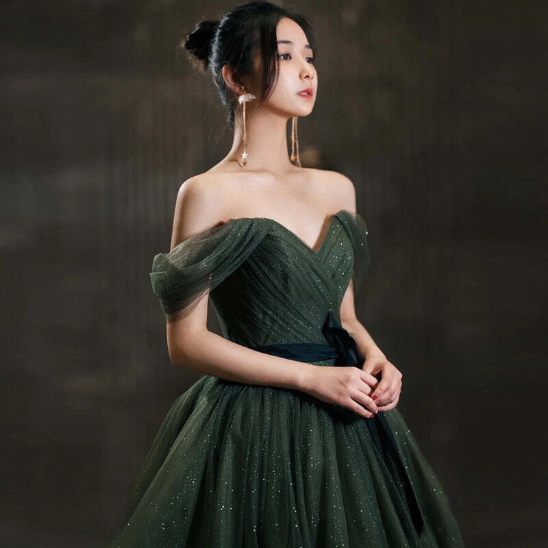 green emerald velvet dress Green tulle off shoulder long prom dress, green tulle sweet 16 dress –  dresstby main image 1