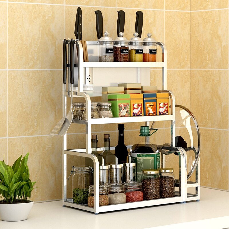 Gambar 304 stainless steel kitchen shelf landing three layers multi function receive rest things flavor seasoning box shelf