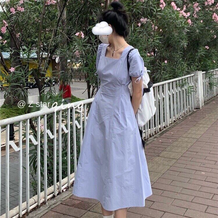 French style square collar puff sleeve dress design niche temperament slim fit gentle first love backless white fairy skirt