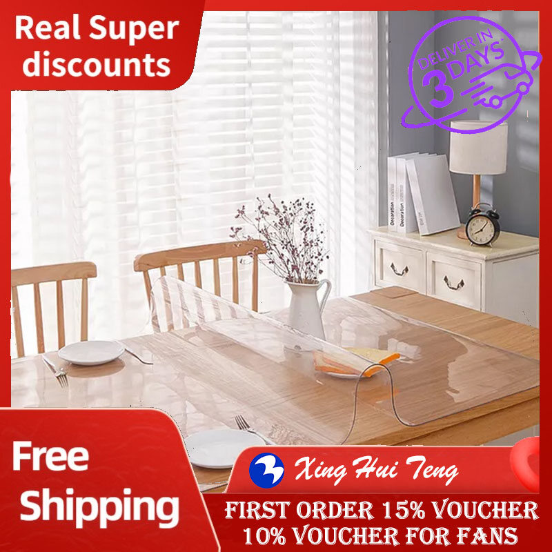 Gambar (1.0mm Upgrade Clear Rectangle ) Customizable Round Corner Transparent PVC Tablecloth Waterproof and Oilproof Kitchen Pattern Oil Glass Table Cover High Quality Soft Table Cloth