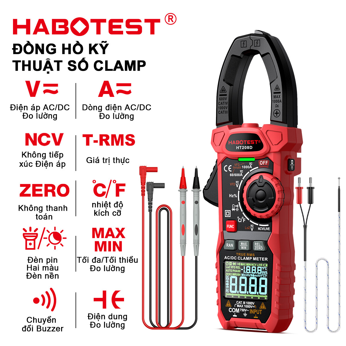 HABOTEST HT208 1000V 1000A AC DC Đồng hồ vạn năng Đồng Hồ Kẹp Kỹ Thuật Số Đồng Hồ Vạn Năng NCV True-RMS Đồng Hồ Đo Dòng Điện Điện Áp Kẹp