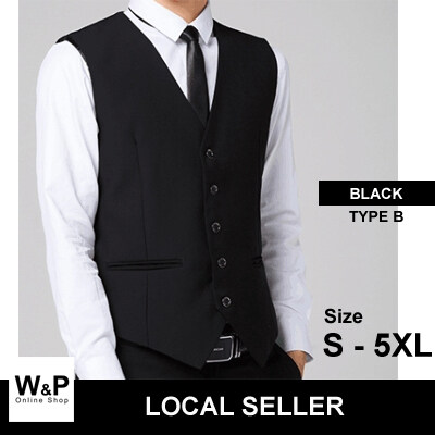 WP Men Formal Slim Fit 5-Button (S-5XL) / 4-Button (Plus Size 6XL-11XL) Waistcoat Vest - Black Type B