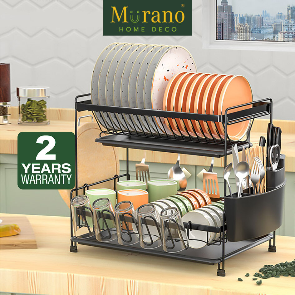 Gambar Murano 2 Tier Kitchen Dish Rack Rak Pinggan Stainless Steel Dish Drainer With Cup, Utensil   Cutting Board Holders