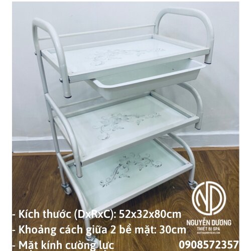 Kệ đựng đồ phun xăm, xe đẩy 3 tầng spa mặt kính hoa văn