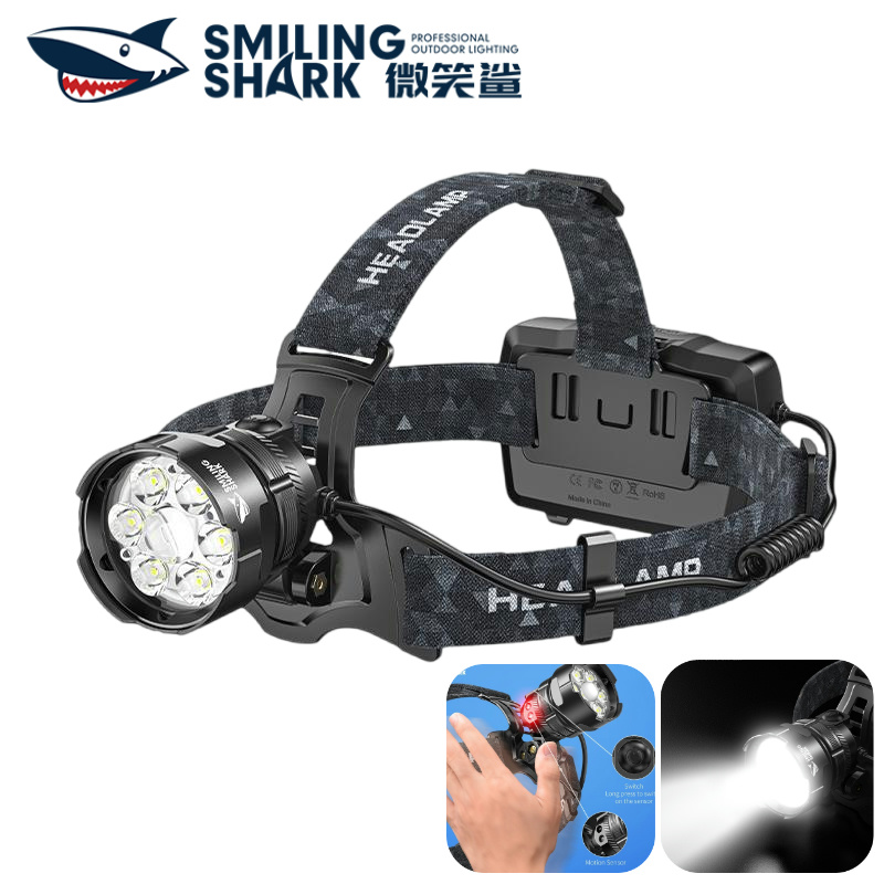 Smiling shark TD0207 Headlight Super Bright 7*LED Head lamp Type-c Rechargeable 7Mode Work HeadLamp Live Quantity Display Waterproof Outdoor Camping Light