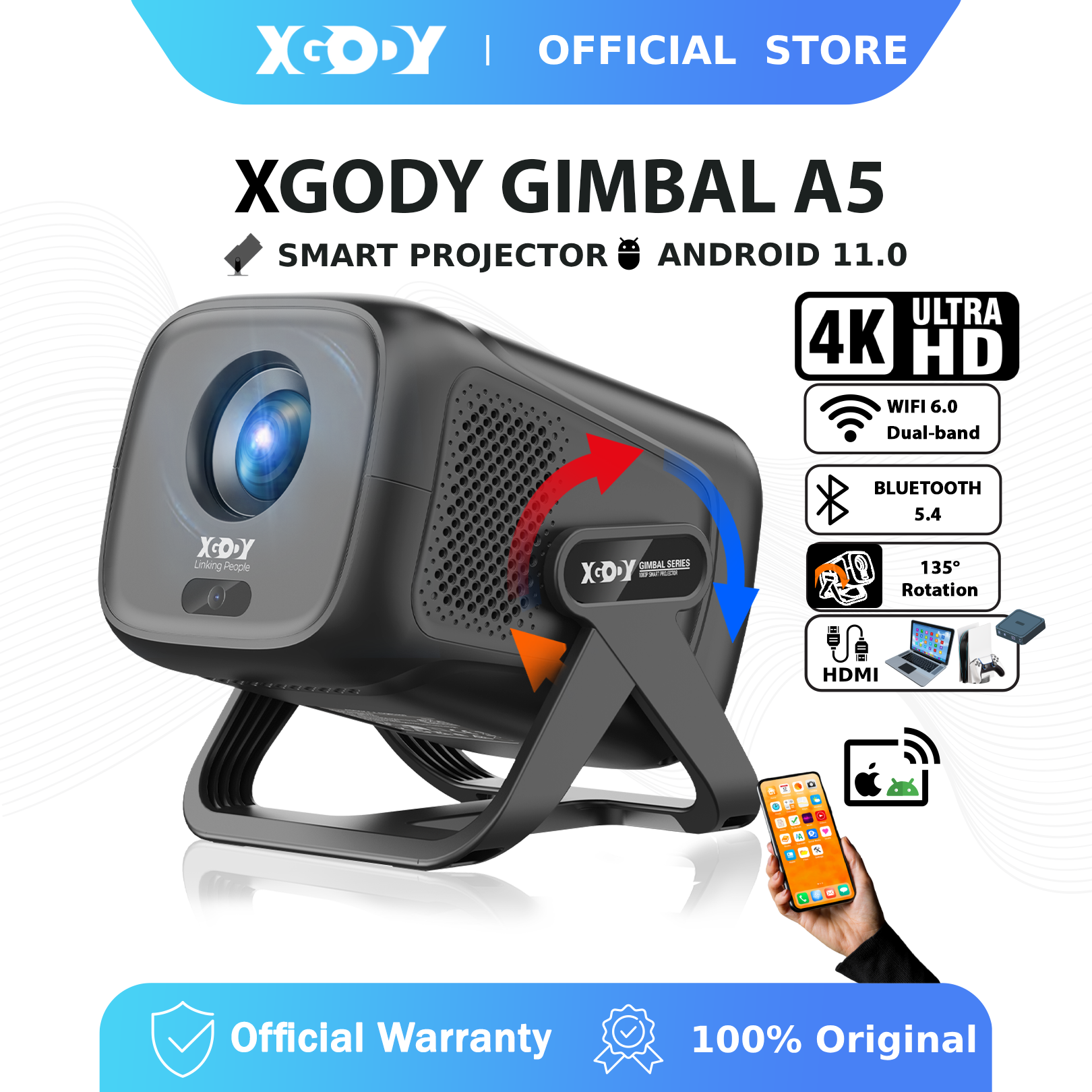 ESSGOO Gimbal A5 Smart Android Projector 450 ANSI Native 1080P WiFi 6.0 and Bluetooth 5.4 Portable Projector for Home Movie Media Entertainment With One Year Warranty Harga 246 Ringgit*Penghantaran Percuma
