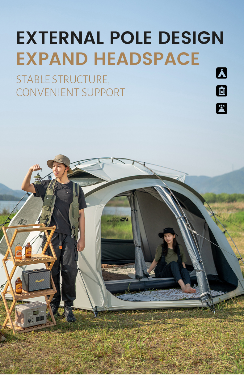 MOBI GARDEN Buitencamping Familietent Royal Castle voor glamping, zonnebrandcrème voor grote ruimtes