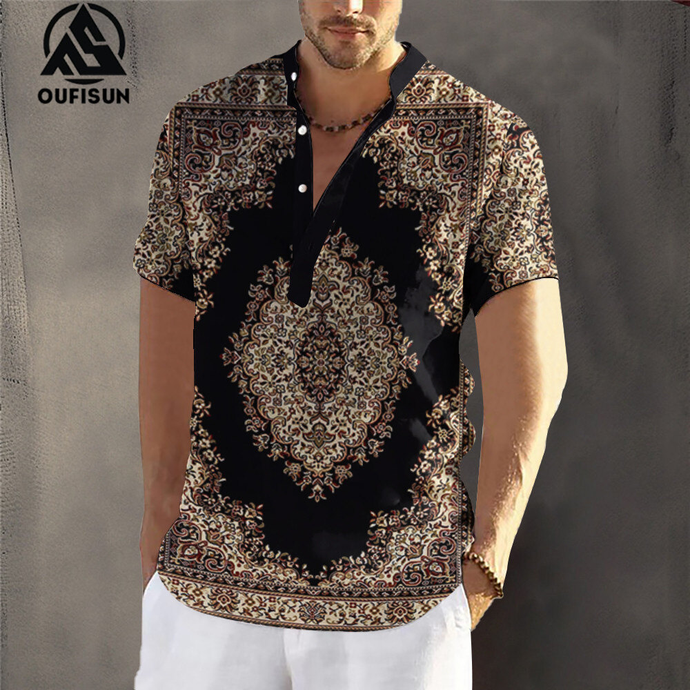  【Oufisun áo sơ mi cổ điển cho áo sơ mi dân tộc nam áo Áo ngắn tay ngoại cỡ họa tiết theo phong cách bohemian áo nam thường ngày 