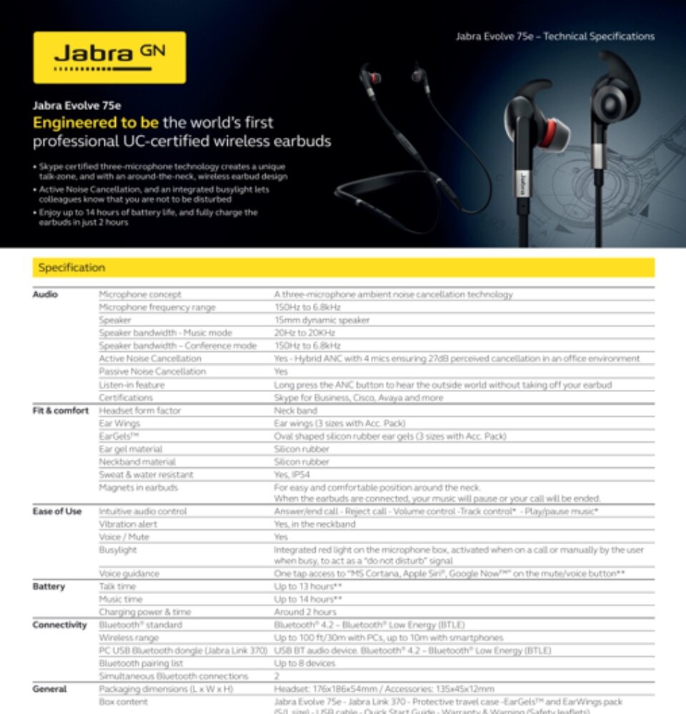 Jabra Evolve 75E Professional Wireless Earbud Active Noise