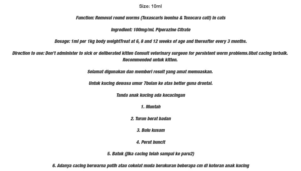 Deworm Kitten Ubat Cacing Anak Kucing 10ml Lazada