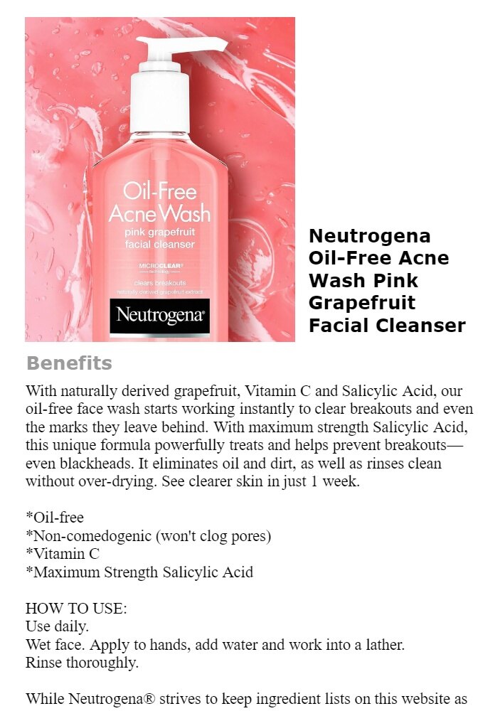neutrogena pink grapefruit acne face wash & cleanser with vitamin c & salicylic acid