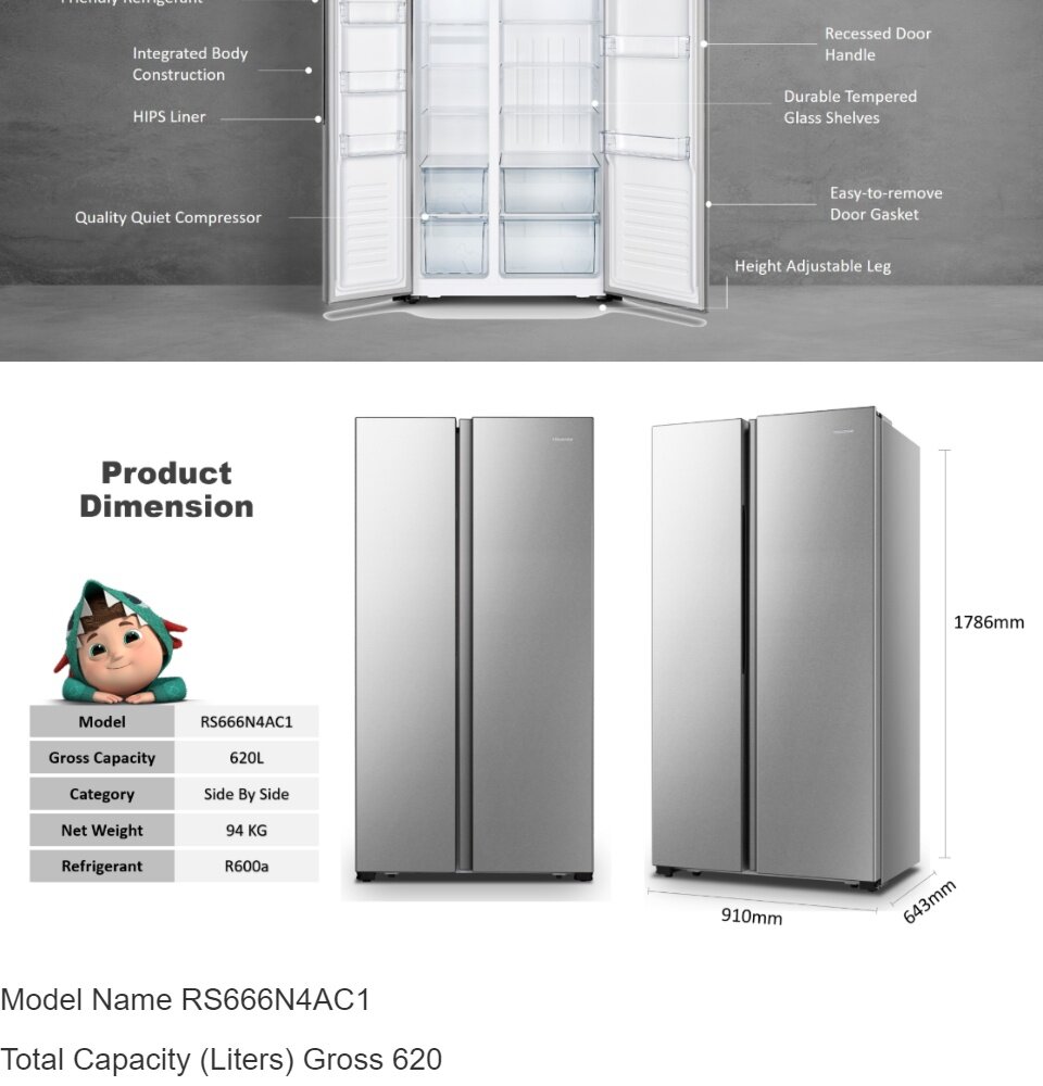 Hisense Twin Cooling Refrigerator Side by Side 620L RS666N4AC1