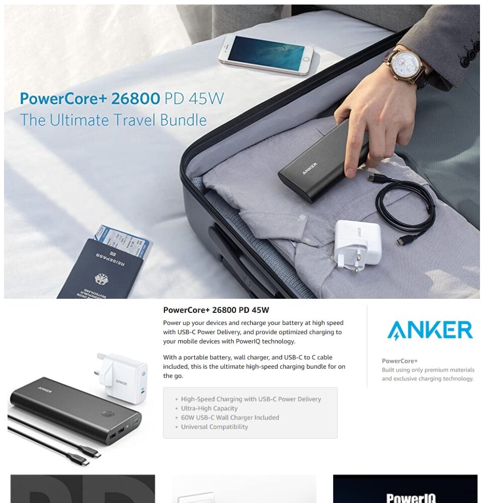 Anker - PowerCore 26800 PD (45W) with 60W USB-C PD hot wall charger and cable