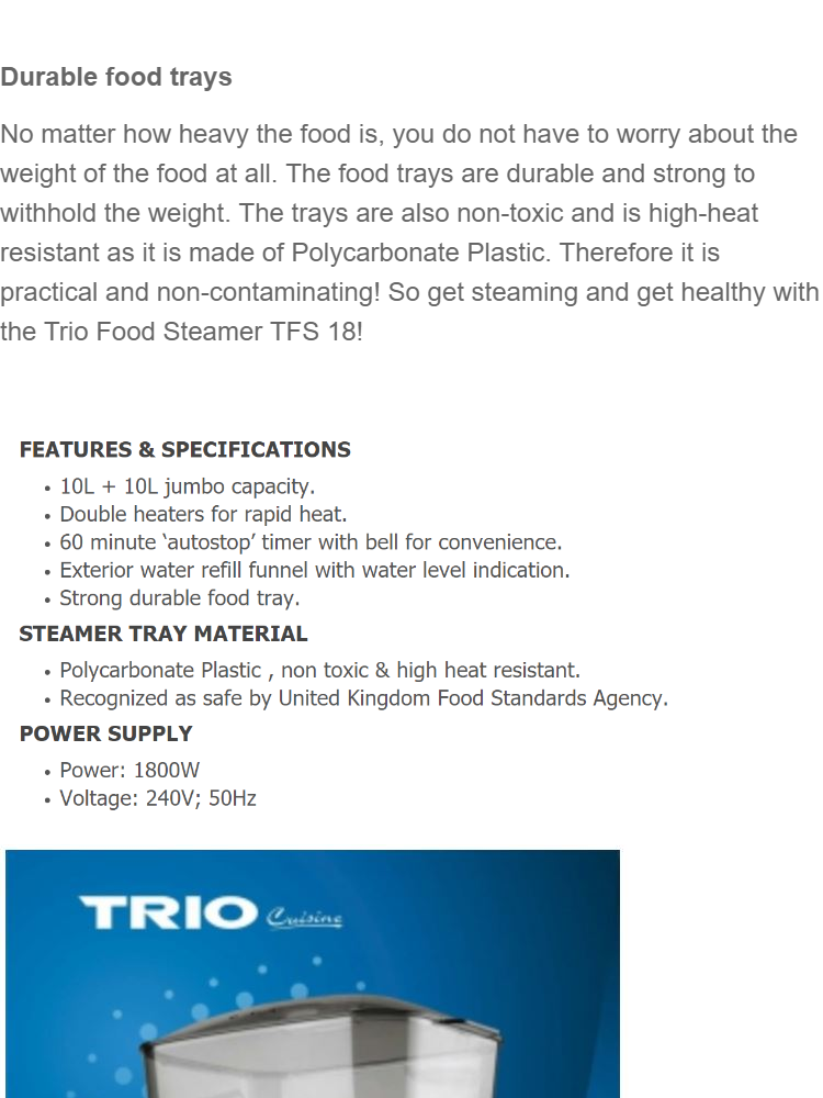 Trio White Food Steamer 2 Tier TFS18