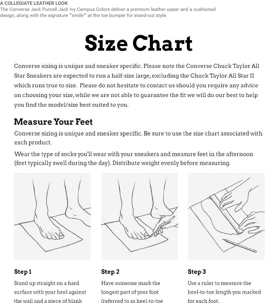 jack purcell size chart