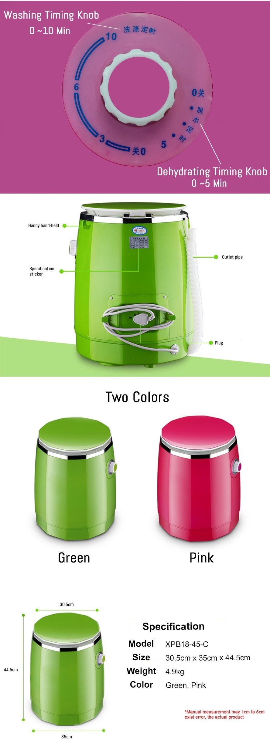 [PINK] XPB1845C Multifunction Portable Mini Washing Machine 4kg